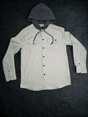 Quiksilver Light Gray Button-Up Hooded Shirt Jacket with Dark Gray Hood